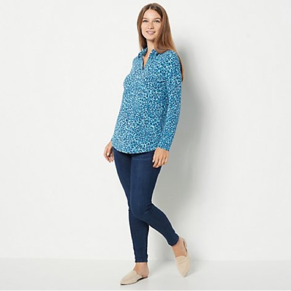 NWOT Isaac Mizrahi Live! Solid & Printed Split-Neck Collared Top in Teal - med​​